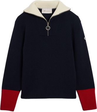 Ami Navy Blue Ribbed Knit Sweater with Color-Block Design