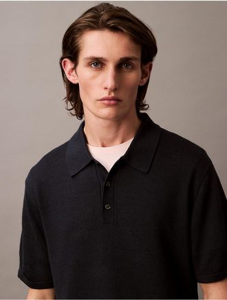 Calvin Klein Mens Linen Blend Classic Sweater Polo Shirt - Navy - XS
