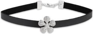 Saachi Pavé Crystal Flower Leather Choker Necklace in Black at Nordstrom Rack