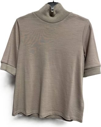 Herno Womens Lurex Mockkneck Short Sleeve Sweater In Bisque With Lurex Metalic Neck And Sleeve Cuffs