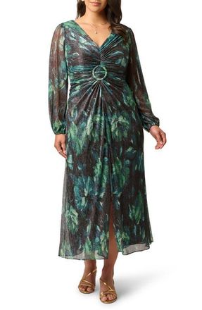 Adrianna Papell Metallic Floral Mesh Midi Dress in Black/emerald at Nordstrom, Size 18W