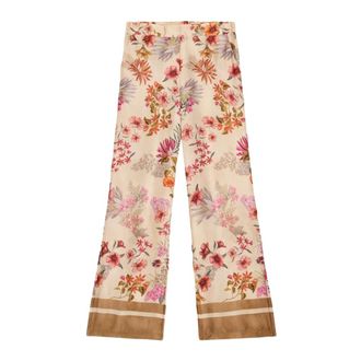 Oltre Broeken, Dames, Beige, L, Polyester, Patterned Satin Palazzo Pants