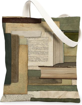 Generic Vintage Rustic Canvas Tote Bags, Book Pattern Reusable Grocery Bags, Lightweight Washable Shoulder Strap Canvas for Shoppin, Green, 13x15 Inch