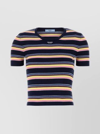 Prada crew neck striped cotton t-shirt with embroidery