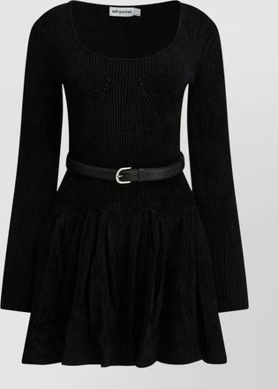 Self Portrait chenille knit scoop neck long sleeve flared mini dress