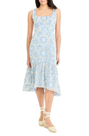Maggy London Floral Embroidery High-Low Midi Dress in Blue/Cream at Nordstrom, Size 14
