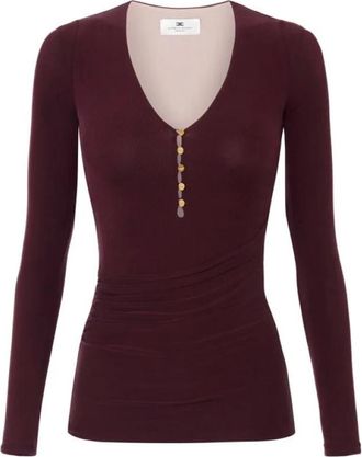 Elisabetta Franchi Tops, Dames, Rood, M, Geribbelde Cupro Top met Knopen