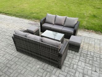 Fimous Outdoor Garden Furniture Sets 8 Seater Wicker Rattan Furniture Sofa Sets with Rectangular Coffee Table 3 Seater Sofa 2 Small Footstools