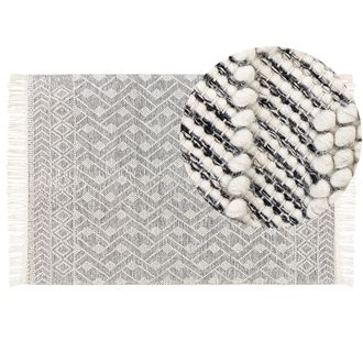 Beliani Alfombra De Lana Negro Blanco Crema 160 X 230 Cm A Mano Geom&eacute;trico Borlas Kavak
