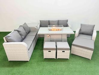 Fimous 10 Seater Poly Rattan Outdoor Garden Furniture Firepit Dining Table Sofa Set Patio 3 Seater Sofa Reclining Chair 3 Seater Sofa 3 Stools Side