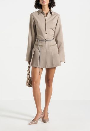 Mani&egrave;re De Voir Elise Tailored Pleated Skort with Belt in Taupe at Nordstrom, Size 12