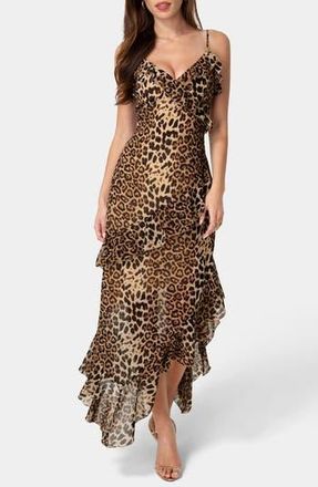 Bebe Ruffle Chiffon Maxi Dress in Leopard at Nordstrom Rack, Size X-Large