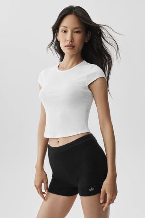Alo | Ribbed Modal Cap Sleeve Top Shorts Short Sleeves in White, Size: Medium