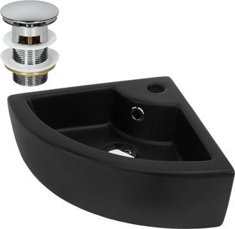 ML Design Lavabo esquinero negro angular cerámico con desagüe cromado
