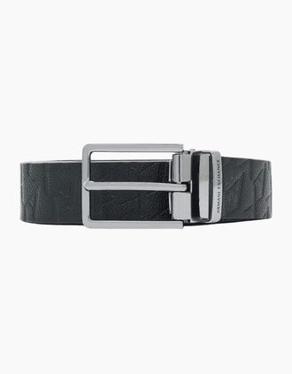 A|X Armani Exchange Mens Metal Buckle Monogram All Over Black Leather Belt