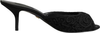 Dolce & Gabbana Black Embroidered Slip On Heels Slides Womens Shoes