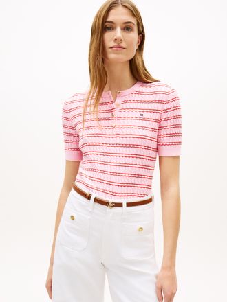Tommy Hilfiger Strickpullover TOMMY HILFIGER CO CABLE FINE GG SS HENLEY, Damen, Gr. S (36/38), preppy stp classic pink fireworks, Strick, Obermaterial: 100% Baumwoll