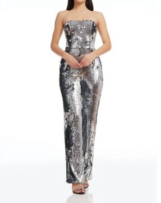 Dress The Population Andy Sequin Strapless Jumpsuit In Silver