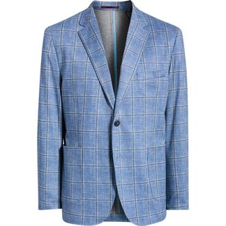 Johnston & Murphy XC Flex Pinnacle Light Blue Windowpane Check Knit Sport Coat in Blue /Tan Shadow Plaid at Nordstrom, Size Xx-Large