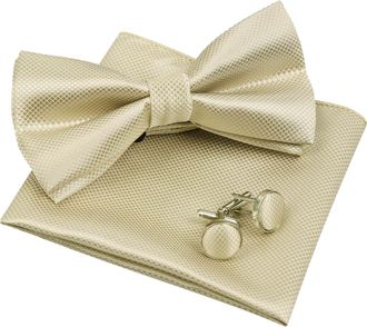 Alizeal Solid Pre-tied Bow Tie Cufflinks Hanky Set for Men Neck Wear, Champagne