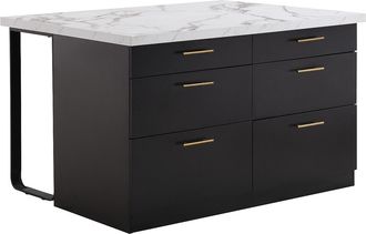 Vente-Unique Isla de cocina con 6 cajones de MDF y metal - Negro y efecto M&aacute;rmol blanco - ALEGRITA