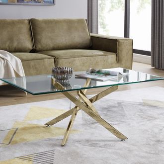 Furniturebox Leonardo Rectangular Glass Coffee Table with Metal Angled Starburst Legs for Modern Living Rooms in Gold
