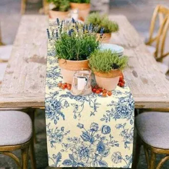 OEM (33x183 Cm) Camino De Mesa Vintage Monocrom&aacute;tico Rosa Azulado Con Boceto Y Rollo De Arpillera Para Decoraci&oacute;n De Mesa De Centro De Boda