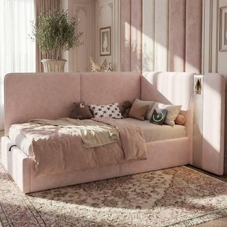 Merax 3ft Single L-shaped Velvet Upholstered Daybed with Storage & USB Light in Pink