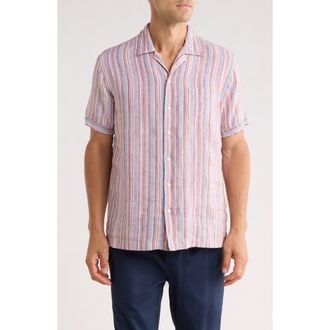 Brooks Brothers Regular Fit Stripe Linen Camp Shirt in Purple Multi at Nordstrom Rack, Size Xx-Large