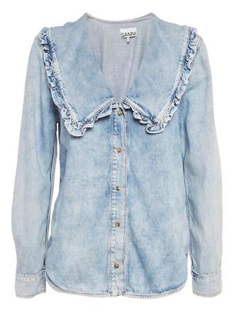 Ganni Camicia denim con ruches - Blu