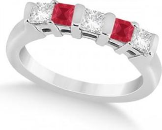 Allurez 5 Stone Princess Diamond & Ruby Wedding Band 14K White Gold 0.56ct