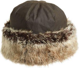 Barbour Ambush Waxed Cotton Hat with Faux Fur Trim in Olive at Nordstrom, Size Small