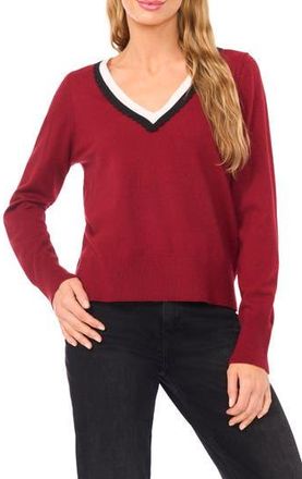 CeCe by Cynthia Steffe Scalloped Trim V-Neck Sweater in Mulberry Red at Nordstrom Rack, Size X-Small