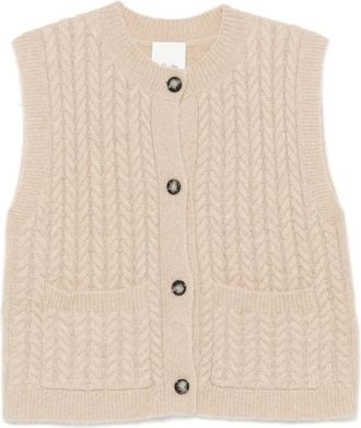 Allude Mouweloze kabelgebreide vest - Dames - Cashmere truien - Beige - XS - Kasjmier - Truien & Vesten