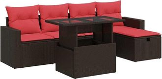 vidaXL 6 Piece Garden Sofa Set with Cushions Brown Poly Rattan Acacia Vidaxl
