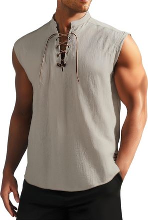 Generic Mens Tank Tops Sleeveless T Shirts Cotton Lace Up Shirt Linen Tshirt for Pirate Renaissance Medieval Viking Costume Camisas para Hombres Sin Mangas(Be