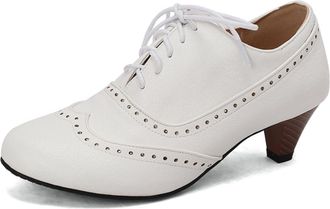 Generic Womens Lace Up Vintage Brogues Round Toe PU Leather Dress Shoes Mid Block Heel Casual Shoes,White,10.5 UK