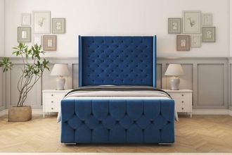 Sloomy Luthor Plush Bed Frame With 50 Upholstered Wingback Headboard in Navy | Size: Single