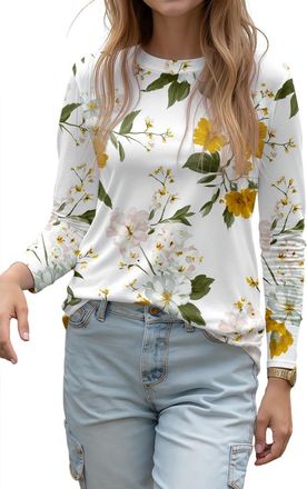 Generic Long Sleeve Tops for Women Business Spring 2026 Summer Shirts Floral Fashion Work Top Dressy Casual Outfits(White,Medium)