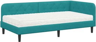 vidaXL Corner Bed Frame with Mattress Turquoise 100 x 200 cm Velvet vidaXL