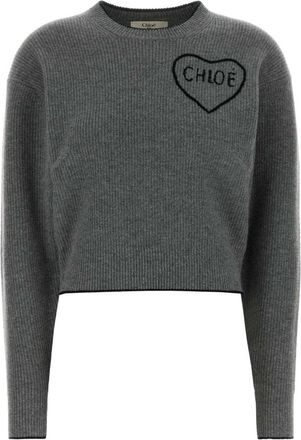Chlo&eacute; Cropped Rib-Knit Sweater - Dames - Ronde hals truien - Grijs - S - Wol - Truien & Vesten