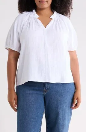 Caslon Split Neck Short Sleeve Cotton Gauze Top in White at Nordstrom Rack, Size 3 X
