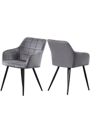 Life Interiors Set of 2 Camden Modern Velvet Dining Chairs with Armrests, Quilted Design & Black Metal Legs in Dark Grey