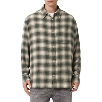 AllSaints Lumley Plaid Button-Up Shirt in Pale Olive Green at Nordstrom, Size Xx-Large