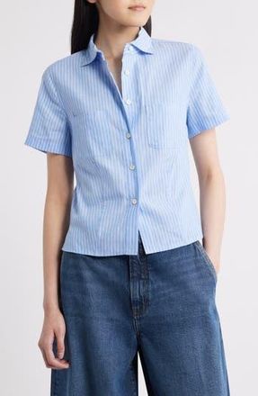 Frame Denim The Seaside Short Sleeve Linen & Cotton Button-Up Shirt in Oxford Blue Multi at Nordstrom Rack, Size X-Large