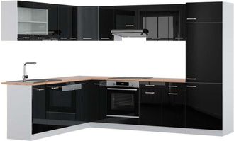 Vicco Cocina Esquinera R-line, Negro Brillo/blanco, 227 X 287 Cm, Et Roble