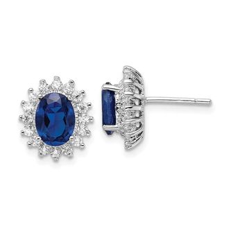 Diamond2Deal Sterling Silver Rhodium-plated Lab Created Dark Blue Spinel and White CZ Oval Halo Stud Earrings