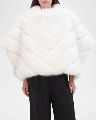 Theia Chevron Fox-Like Faux Fur Poncho