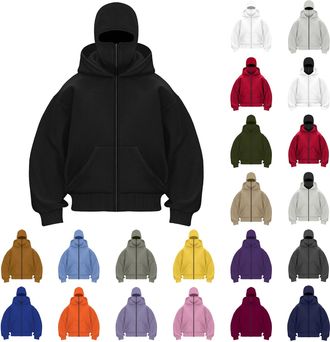 Generic Zipped Hoodies for Men Balaclava Full Zip Long Sleeve Streetwear Workout Running Hooded Jakcets with Eye Mask Loose Fit Windproof Solid Color Soft War