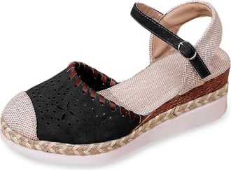 Generic 2026 Women Slippers Ladies Weave Round Toe Buckle Strap Summer Slope Heel Thick Soled Sandals (Black, 5.5)